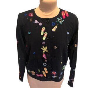 Michael Simon Black Lite beach inspired Cotton Embroidered Cardigan size small